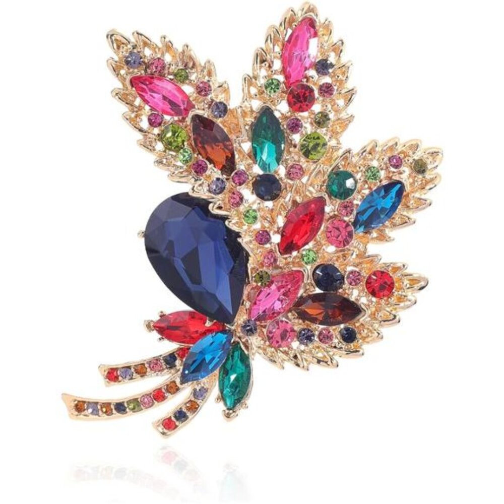 Big Large Brooch Pin Austrian Crystal Leaf Shape Bouquet Rhinestone